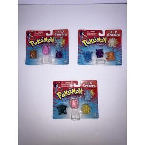 (3) VINTAGE 1999 POKEMON 3-D Erasers Toy Island NEW SEALED on Cards “LOOK”